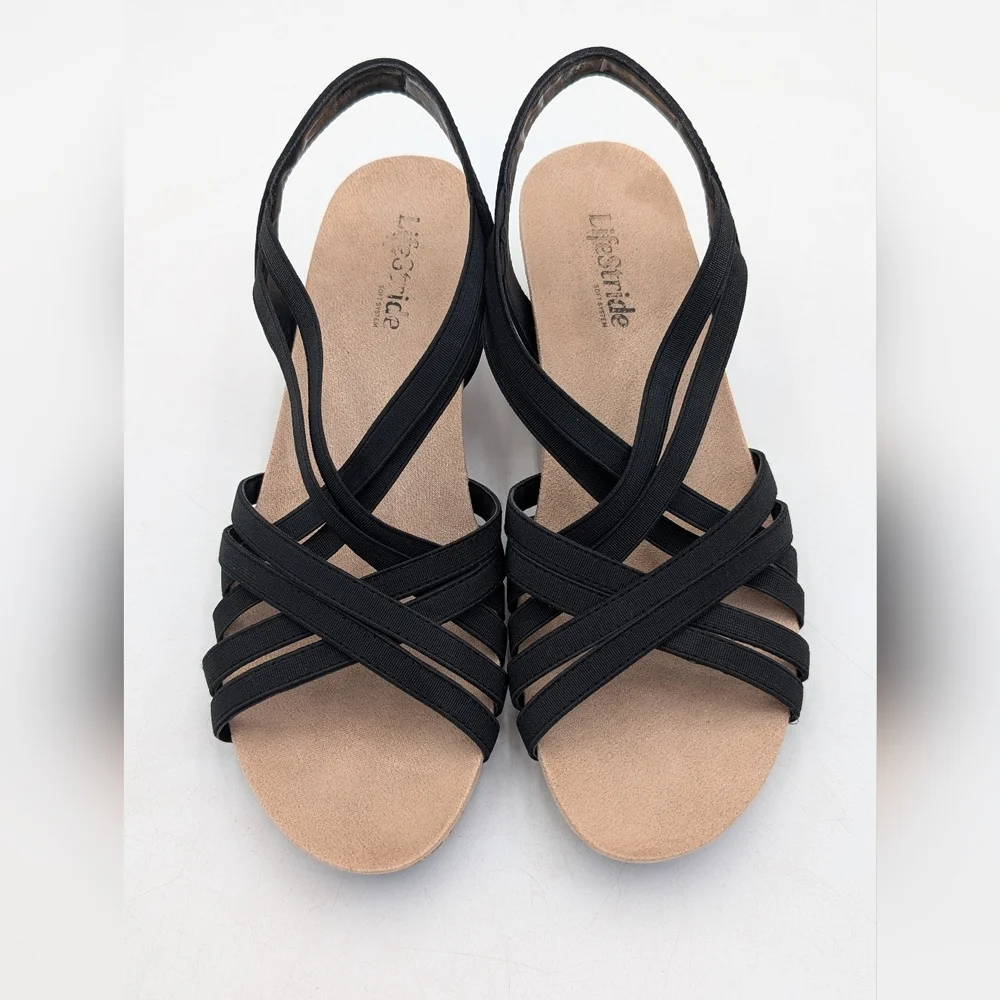 Life Stride Mallory Sz 9M Women's Black Elastic Straps Cork Texture Wedge Sandal